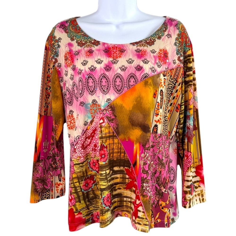Y2K Caia Patchwork Print Top Sz XL Pink Stretch Boho Indie Hippie Cottage Folksy - Picture 2 of 8